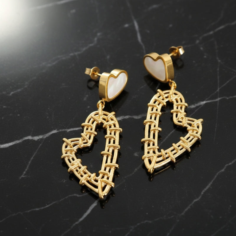 Boucles d’oreilles cœur fantaisie dorées en acier inoxydable et 18K