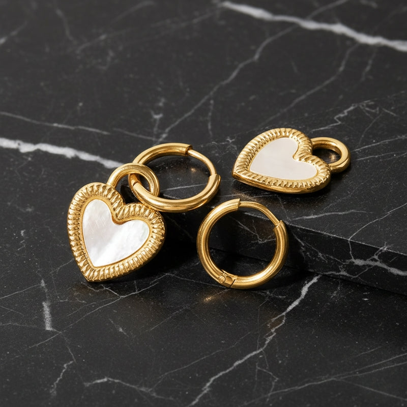Boucles d’oreilles cœur doré à pendentif nacré en acier inoxydable 18K