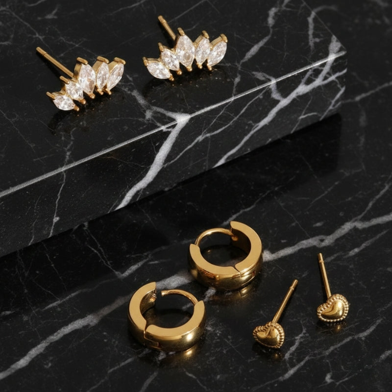 Set boucles d'oreilles petit anneau doré – Formes rondes, cœurs et géométriques