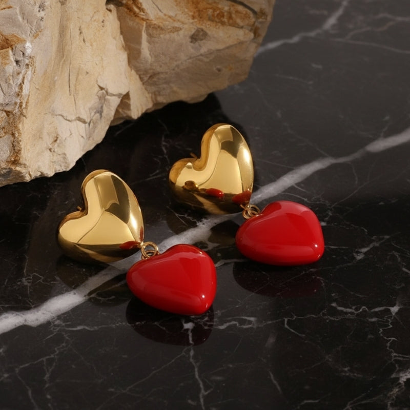 Boucles d’oreilles cœur bicolore rouge – Acier inoxydable doré 18K