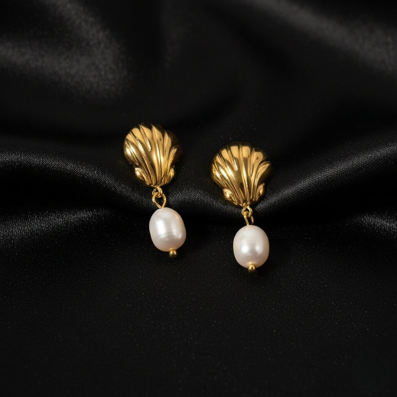 Boucles d’oreilles coquillage et perle en acier inoxydable doré