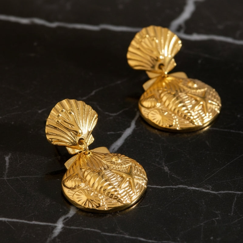 Boucles d’oreilles coquillage gravées en acier inoxydable doré