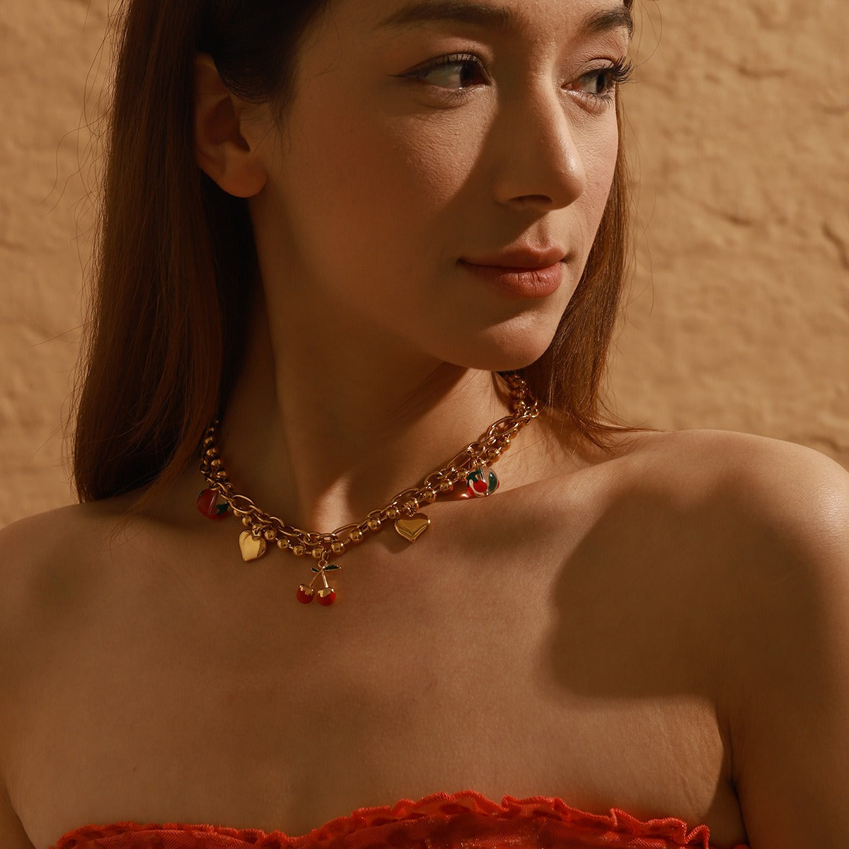 Collier cœur rouge et pendentif cerise – Acier inoxydable doré 18K