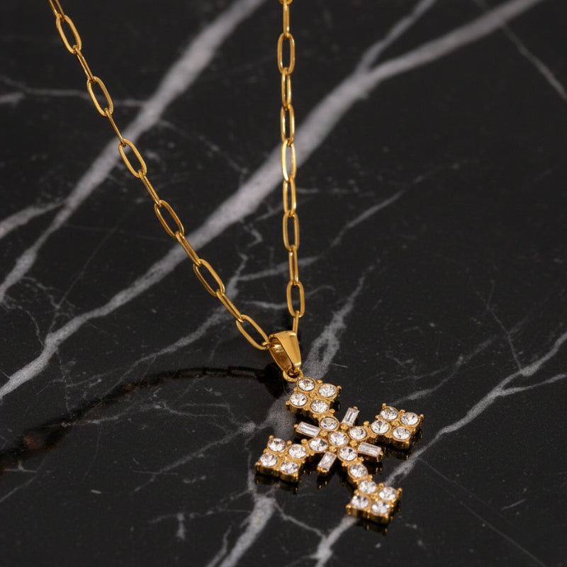 Collier croix strass en acier inoxydable doré