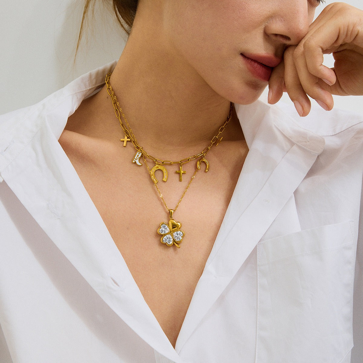 Collier chaîne fantaisie avec pendentifs – Acier inoxydable doré pour femme