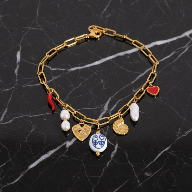 Collier doré fantaisie avec pendentifs colorés – Acier inoxydable et 18k