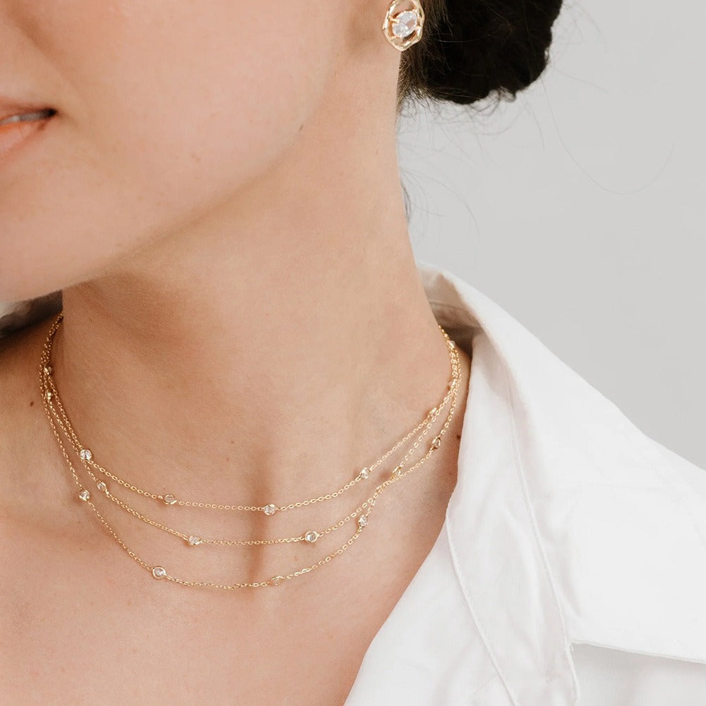 Collier 3 rangs fantaisie – Acier inoxydable et or 18k avec pierres