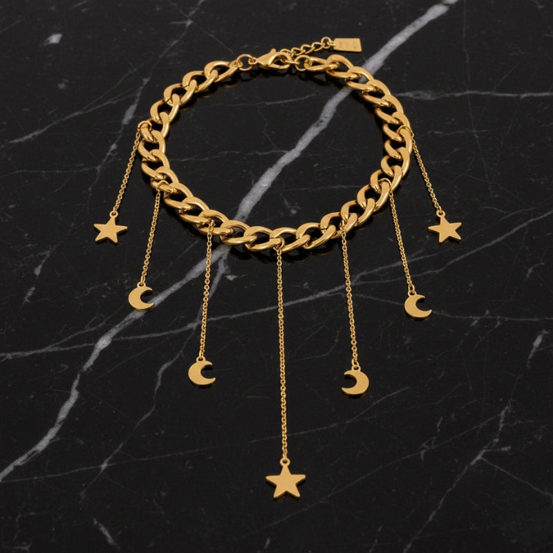 Collier pendentif lune et étoiles doré en acier inoxydable