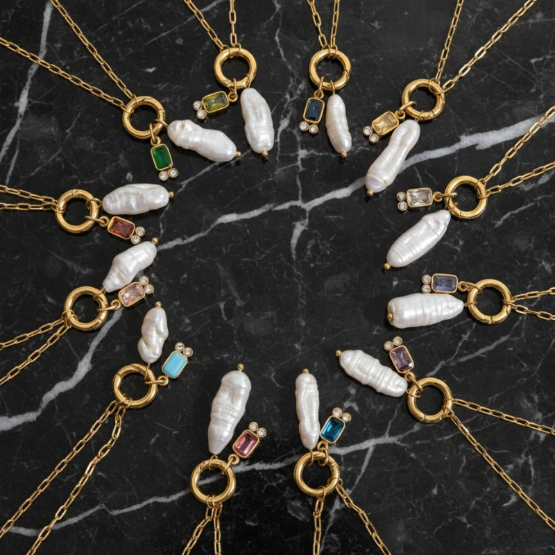 Collier personnalisé avec perle blanche et pierre de naissance en acier inoxydable