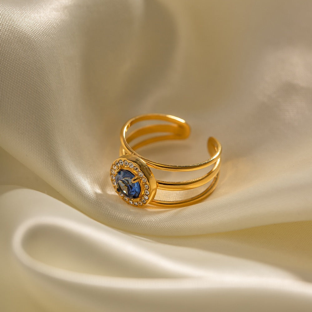 Bague 3 anneaux avec pierre centrale et multi pierres– Acier inoxydable doré
