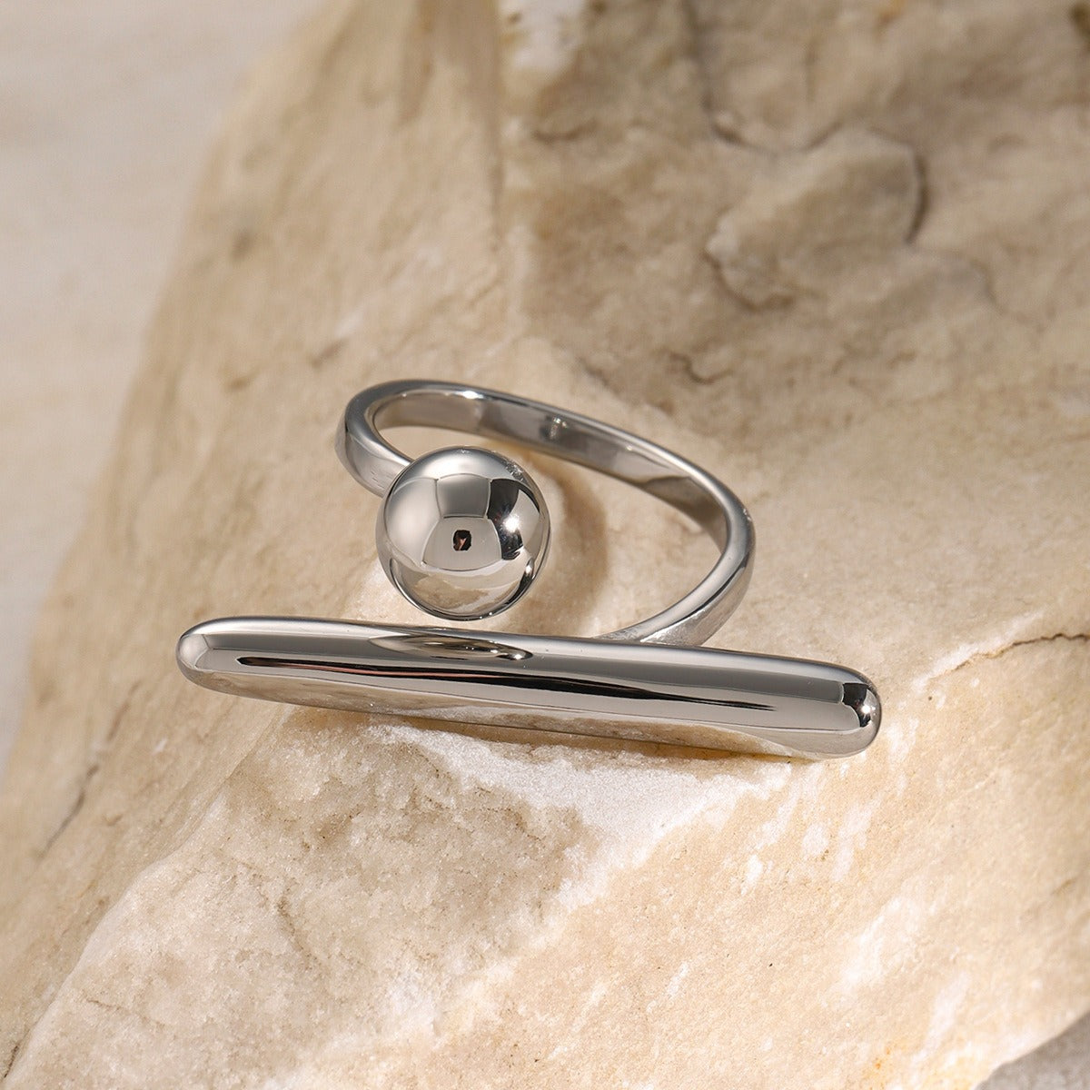 Bague boule géométrique en acier inoxydable – Ajustable, dorée ou argentée