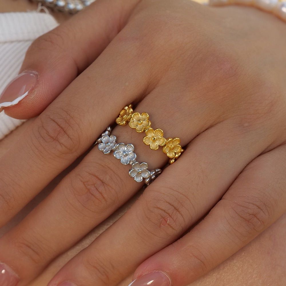 Bague couronne fleur – Acier inoxydable doré ou argenté