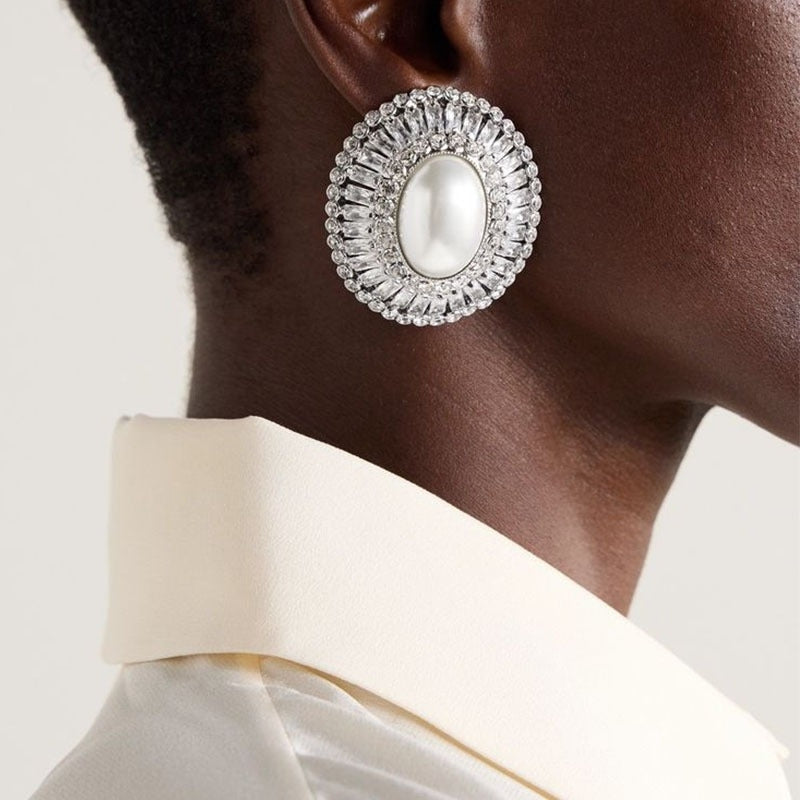 Boucles d’oreilles clip avec perles et strass – Acier inoxydable