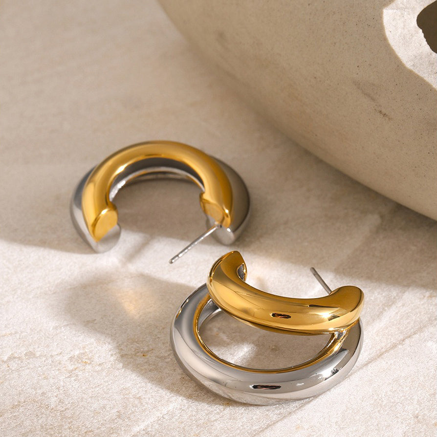 Boucles d’oreilles géométriques bicolores – acier inoxydable doré et argenté