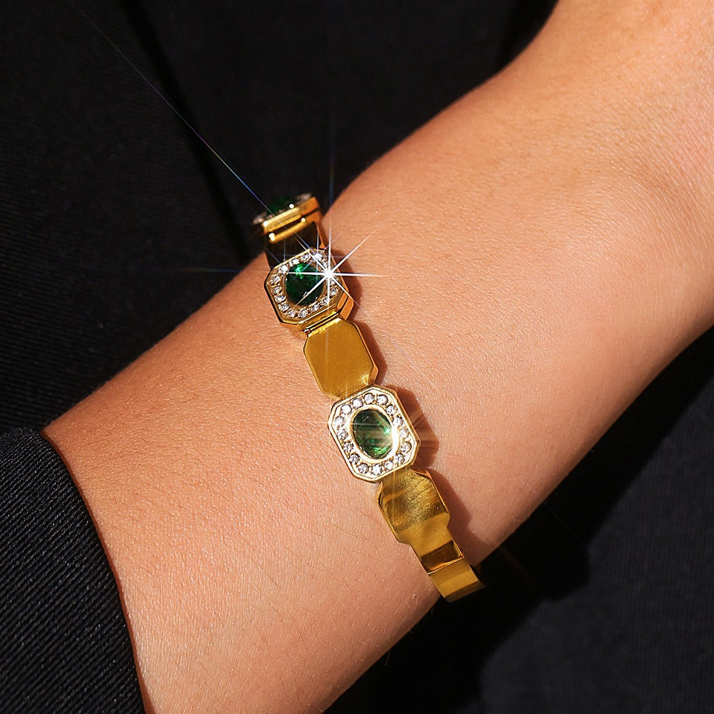 Bracelet jonc femme luxe – Acier inoxydable doré avec pierres vertes
