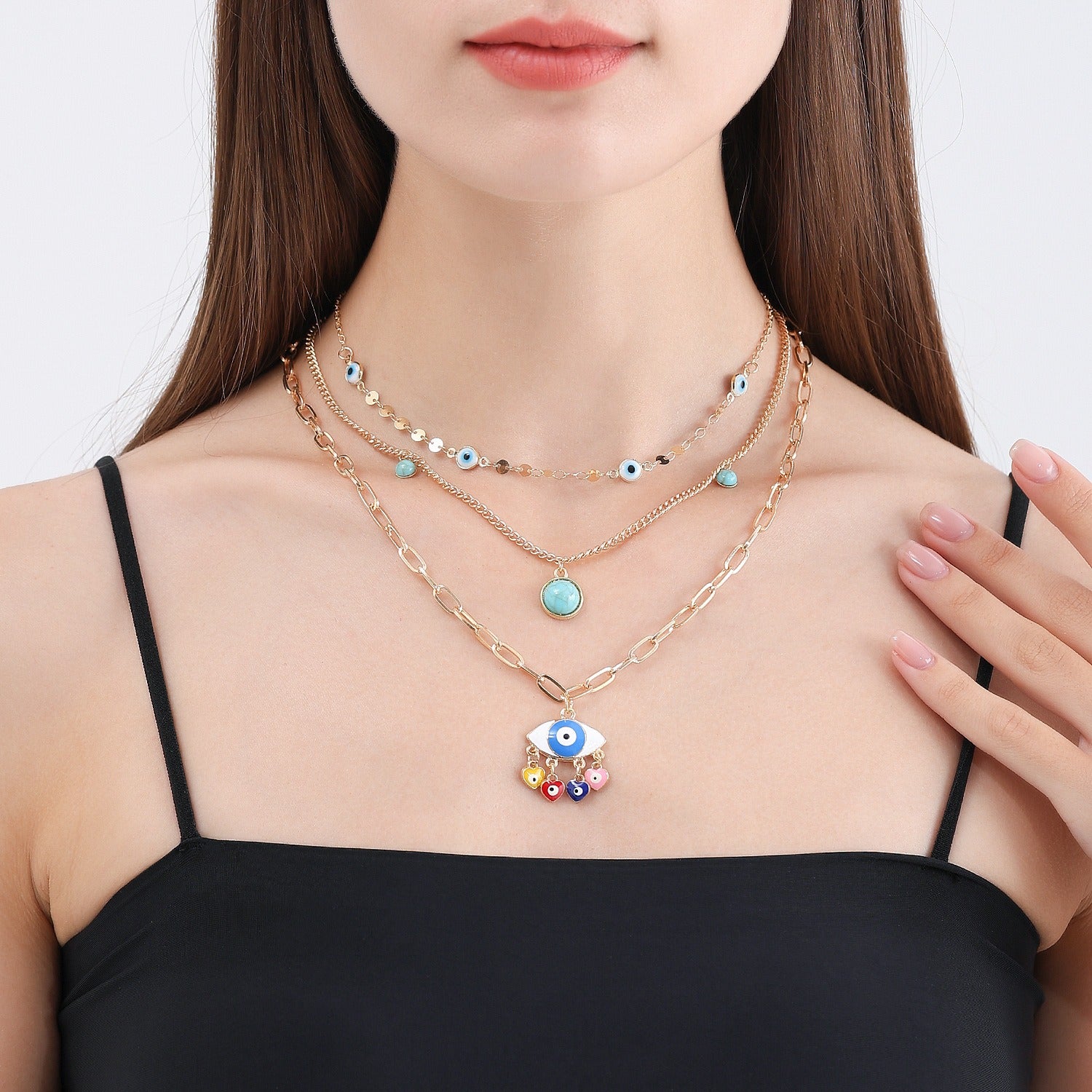 Collier fantaisie œil bleu et pendentifs en acier inoxydable or 18k