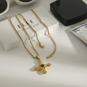 Collier croix pierre noire – Acier inoxydable doré 18K