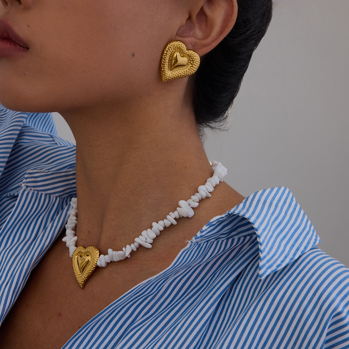Parure cœur dorée femme avec collier et boucles acier inoxydable