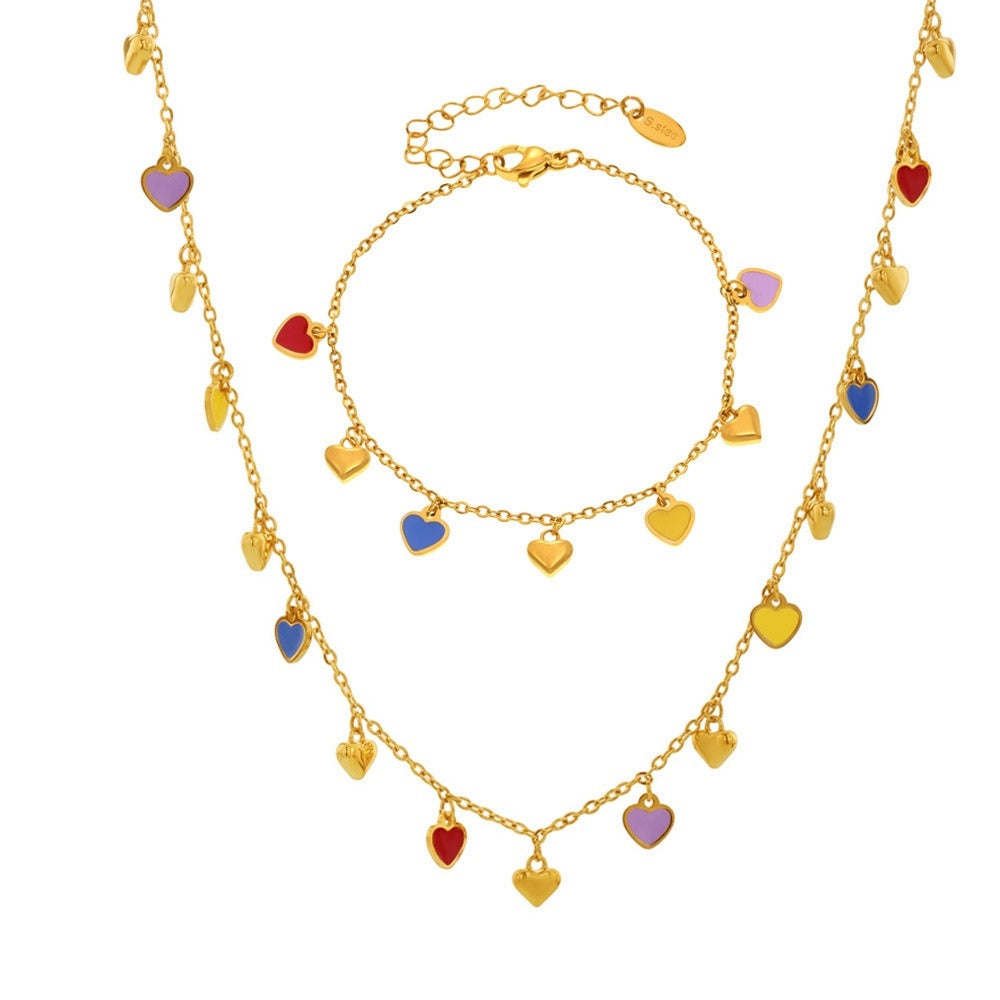 Parure cœur multicolore et vert, colliers et bracelets en acier inoxydables