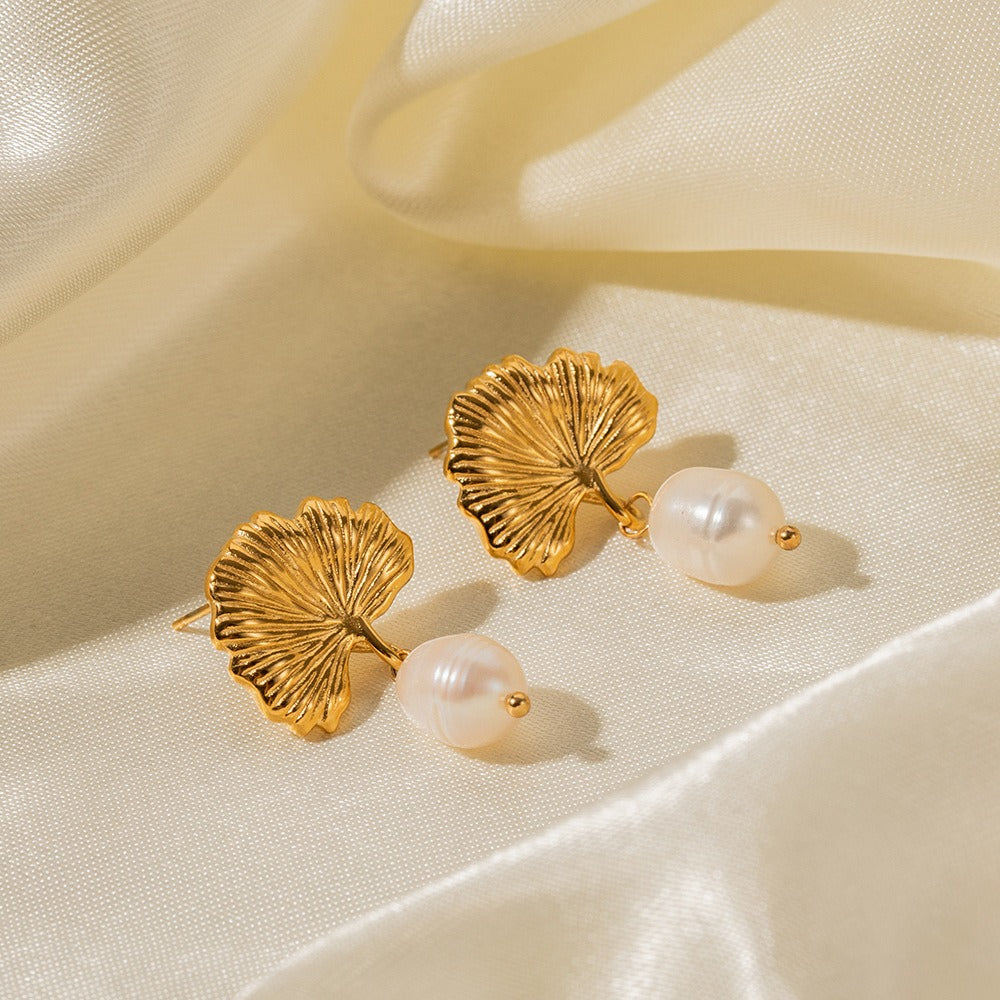 Parure feuille ginkgo dorée en acier inoxydable avec collier et boucles d’oreilles