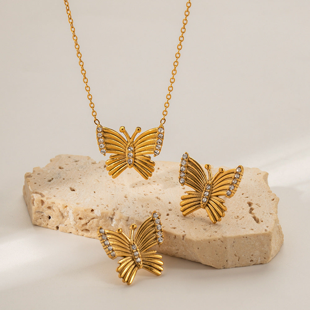 Parure papillon dorée en acier inoxydable avec collier et boucles