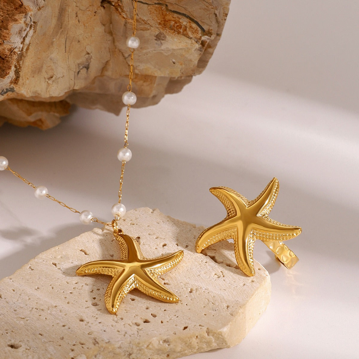 Parure étoile dorée femme, collier et bague ajustable en acier inoxydable or 18k